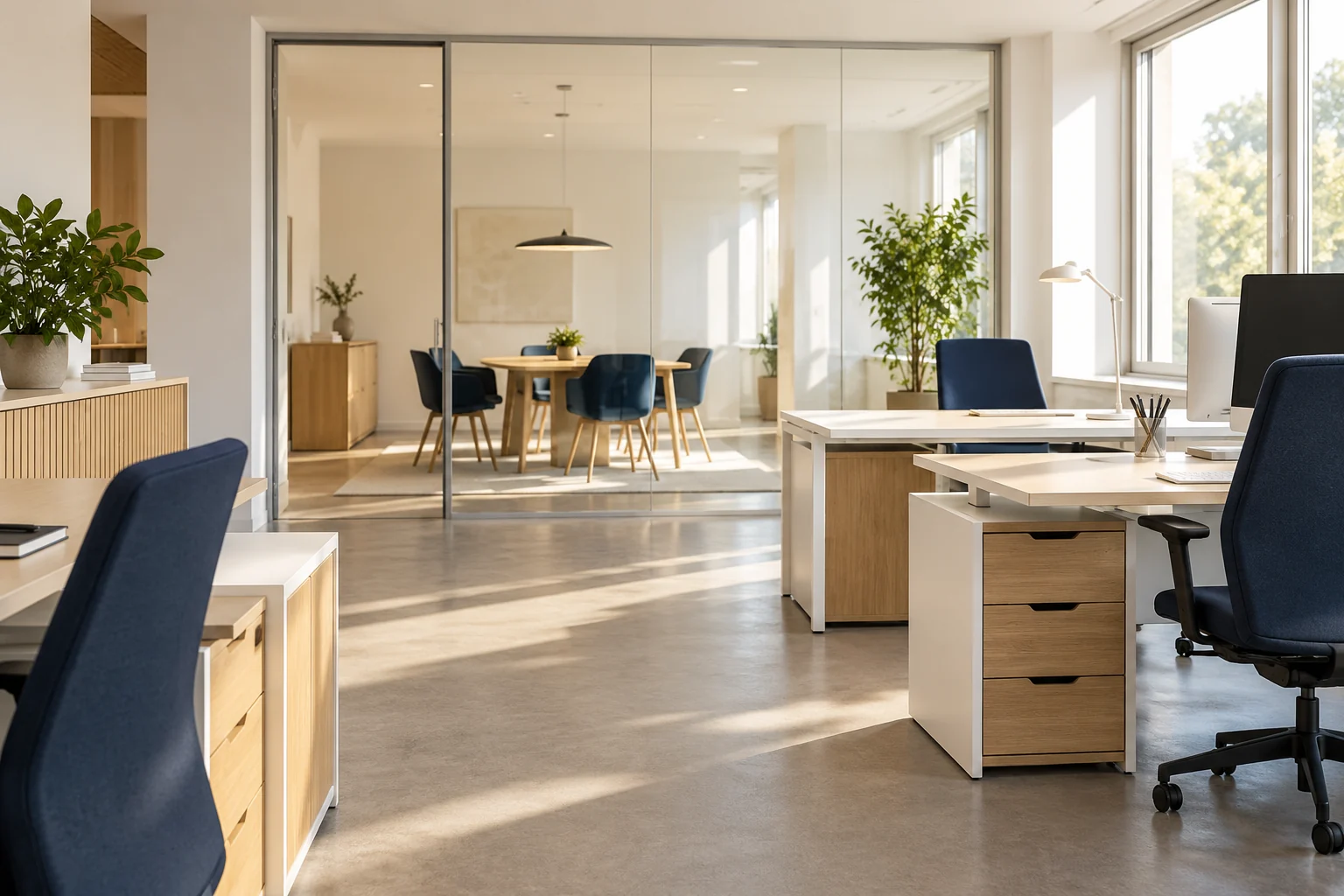 Illustratives Motiv: Helles Büro mit großen Fenstern und einer gläsernen Trennwand zum Besprechungsraum